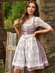 SHEIN MOD Lace Up Front Lace Overlay Dress Without Lace Top - Multicolor - View 5