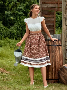 SHEIN Top corto sisa con fruncido con encaje en contraste - Blanco - Ver 4