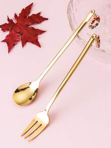6pcs Christmas Design Fork & Spoon - Gold - View 2