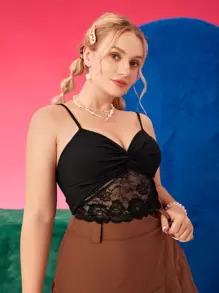 SHEIN Qutie Áo hai dây Plus Size Lộ Lưng Tương phản ren xoắn lại Gân đan màu trơn Gợi cảm - màu đen - Xem 4