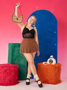 SHEIN Qutie Áo hai dây Plus Size Lộ Lưng Tương phản ren xoắn lại Gân đan màu trơn Gợi cảm - màu đen - Xem 5