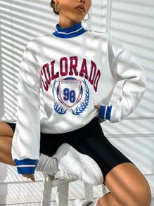 SHEIN Unity Letter Graphic Mock Neck Drop Shoulder Sweatshirt - White - View 1