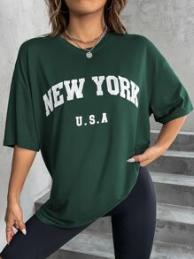SHEIN Unity Letter Graphic Drop Shoulder Tee Graphic Tees Women Tops - Dark Green - View 3