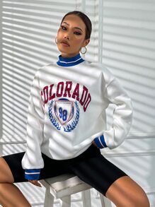 SHEIN Unity Letter Graphic Mock Neck Drop Shoulder Sweatshirt - White - View 5