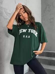 SHEIN Unity Letter Graphic Drop Shoulder Tee Graphic Tees Women Tops - Dark Green - View 4