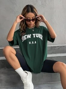 SHEIN Unity Letter Graphic Drop Shoulder Tee Graphic Tees Women Tops - Dark Green - View 5