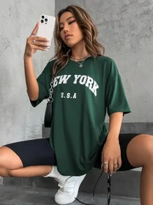 SHEIN Unity Letter Graphic Drop Shoulder Tee Graphic Tees Women Tops - Dark Green - View 6
