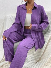 RueChic Drop Shoulder Shirt & Trousers - Violet Purple - View 1