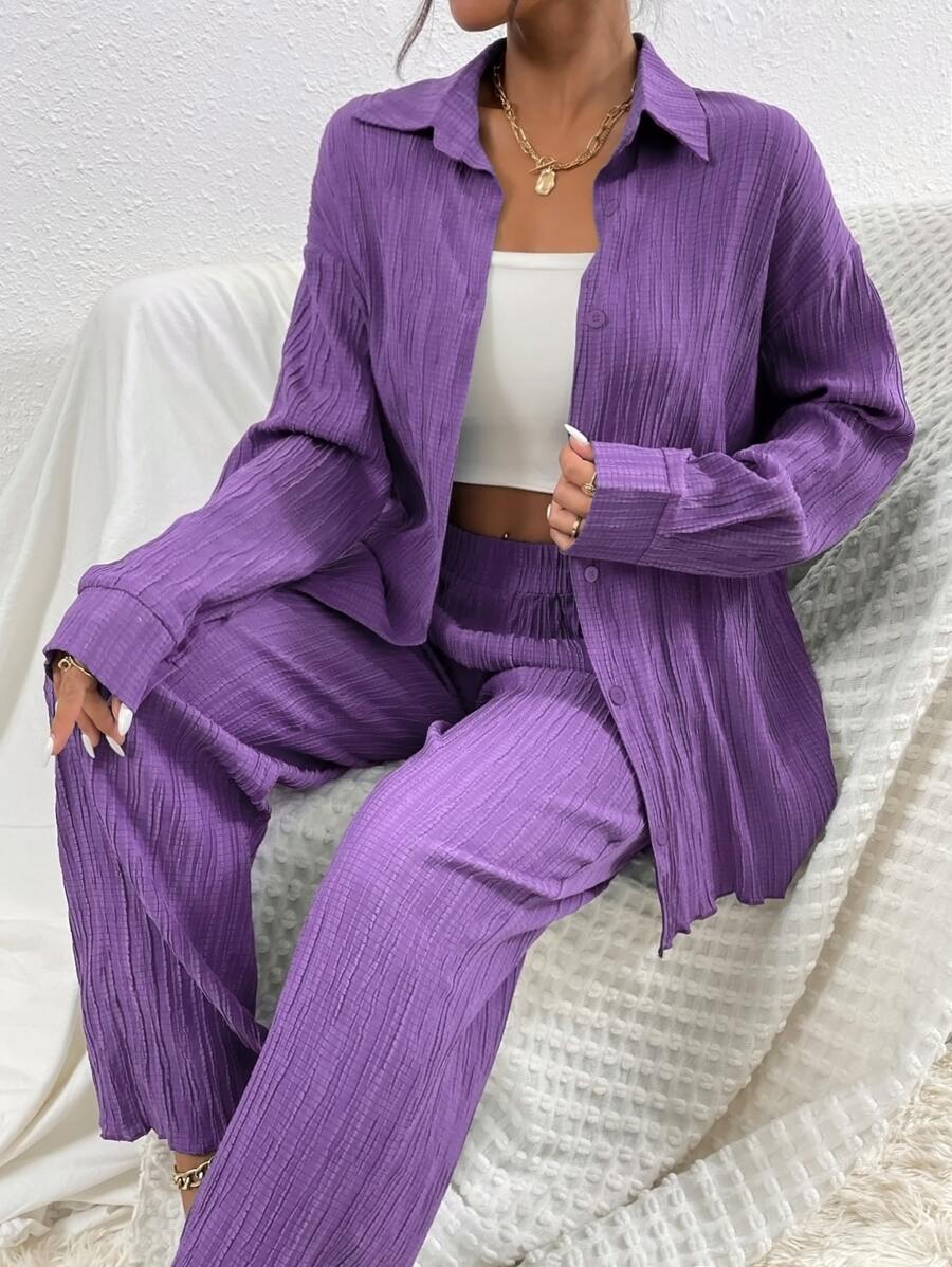 RueChic Drop Shoulder Shirt & Trousers - Violet Purple - View 1