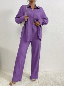 RueChic Drop Shoulder Shirt & Trousers - Violet Purple - View 3