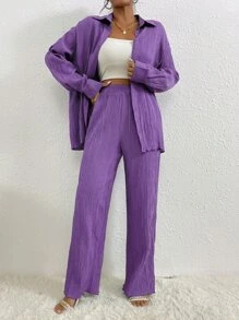 RueChic Drop Shoulder Shirt & Trousers - Violet Purple - View 4