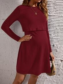 SHEIN Maternity Solid Nursing Tee Dress - Burgundy - View 1