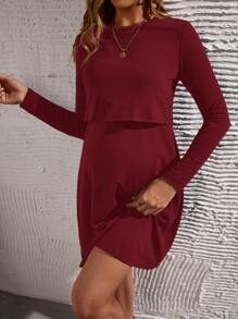SHEIN Maternity Solid Nursing Tee Dress - Burgundy - View 6
