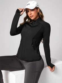 Easithlete Hollow Out Slant Pocket Sports Jacket - Black - View 1