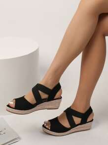 Women's Fashionable Woven Straw Rope Mesh Breathable Casual Vacation Wedge Platform Shoes,Spring Summer Outfits - Black - View 5