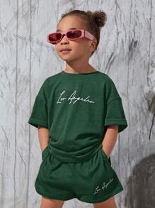 SHEIN Bộ thời trang bé gái Túi Lá thư Giải trí - Màu xanh lá cây đậm - Xem 1