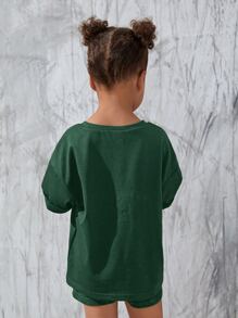 SHEIN Bộ thời trang bé gái Túi Lá thư Giải trí - Màu xanh lá cây đậm - Xem 2