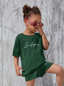 SHEIN Bộ thời trang bé gái Túi Lá thư Giải trí - Màu xanh lá cây đậm - Xem 5