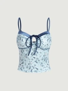 SHEIN MOD Floral Print Knot Front Crop Cami Top - Baby Blue - View 1