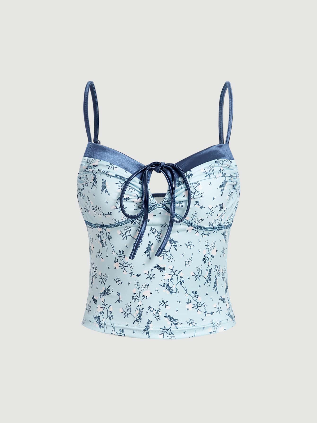 SHEIN MOD Floral Print Knot Front Crop Cami Top - Baby Blue - View 1