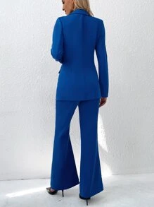 SHEIN Essnce Lapel Neck Double Button Blazer & Split Hem Flare Leg Trousers - Royal Blue - View 2