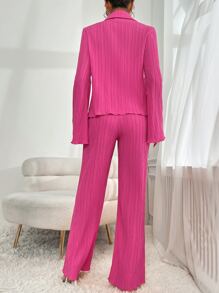 Chiquease Bell Sleeve Plisse Shirt & Wide Leg Pants - Hot Pink - View 2
