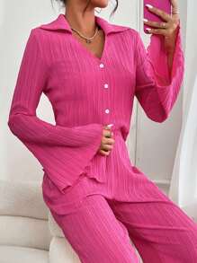 Chiquease Bell Sleeve Plisse Shirt & Wide Leg Pants - Hot Pink - View 3