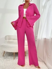 Chiquease Bell Sleeve Plisse Shirt & Wide Leg Pants - Hot Pink - View 6