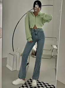 DAZY Sailor Collar Drop Shoulder Cardigan - Lime Green - View 8