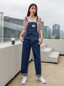 DAZY Patch Detail Denim Dungarees Without Blouse - Dark Wash - View 8