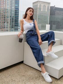 DAZY Patch Detail Denim Dungarees Without Blouse - Dark Wash - View 9