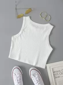 INAWLY Top tank con estampado de coche y letra tejido de canalé - Blanco - Ver 2