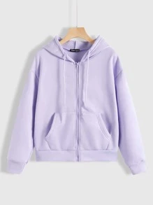 SHEIN Unity Zip Up Drop Shoulder Drawstring Hoodie - Lilac Purple - View 1