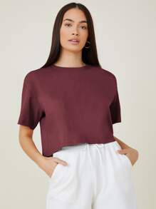 SHEIN BASICS Drop Shoulder Solid Crop Tee/Summer - Maroon - View 1