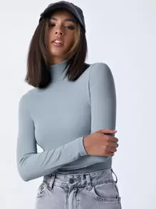 SHEIN BASICS High Neck Solid Fitted Tee - Baby Blue - View 1
