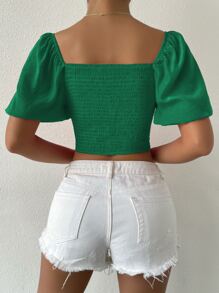 SHEIN SXY Knot Front Puff Sleeve Shirred Back Crop Blouse - Green - View 2