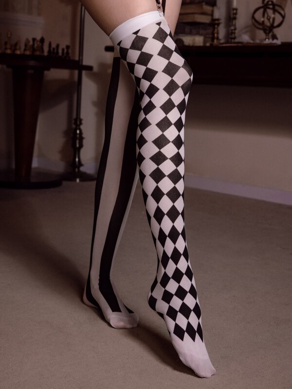 ROMWE Grunge Punk Striped & Geometric Pattern Over The Knee Socks