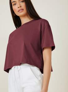 SHEIN BASICS Drop Shoulder Solid Crop Tee - Maroon - View 3