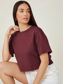 SHEIN BASICS Drop Shoulder Solid Crop Tee - Maroon - View 4