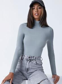 SHEIN BASICS High Neck Solid Fitted Tee - Baby Blue - View 4