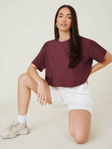 SHEIN BASICS Drop Shoulder Solid Crop Tee - Maroon - View 5