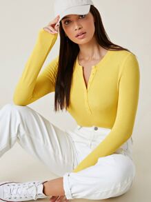 SHEIN BASICS 紐扣半開襟羅紋針織T恤 - 黃色 - 查看 1