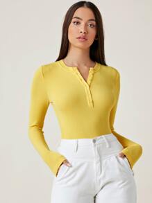 SHEIN BASICS 紐扣半開襟羅紋針織T恤 - 黃色 - 查看 4