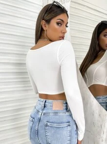Allurite Asymmetrischer Saum Crop Top mit Haken und Öse für Frauen, Herbstmode - Weiss - Übersicht 2