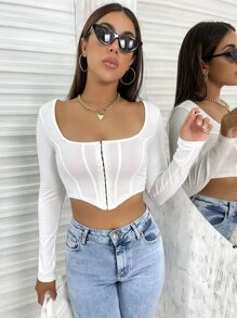 Allurite Asymmetrischer Saum Crop Top mit Haken und Öse für Frauen, Herbstmode - Weiss - Übersicht 4