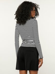 SHEIN BASICS Camiseta de manga larga de rayas horizontales - Blanco y Negro - Ver 2