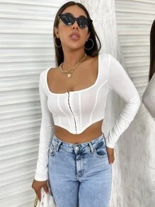 Allurite Asymmetrischer Saum Crop Top mit Haken und Öse für Frauen, Herbstmode - Weiss - Übersicht 6