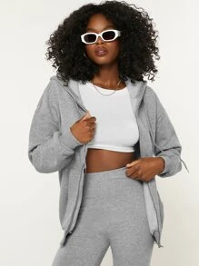 SHEIN BASICS Drop Shoulder Zip Up Hoodie - Light Grey - View 1
