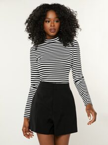 SHEIN BASICS Camiseta de manga larga de rayas horizontales - Blanco y Negro - Ver 5
