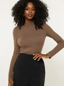 SHEIN BASICS 立領肋織上衣 - 駝色 - 查看 1